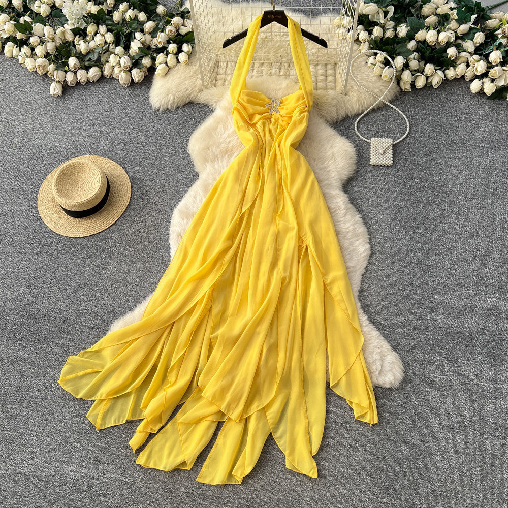 Vacation style halter star elegant style dress female yellow high waistslimming lookasymmetrical long skirt sexyelegant skirt