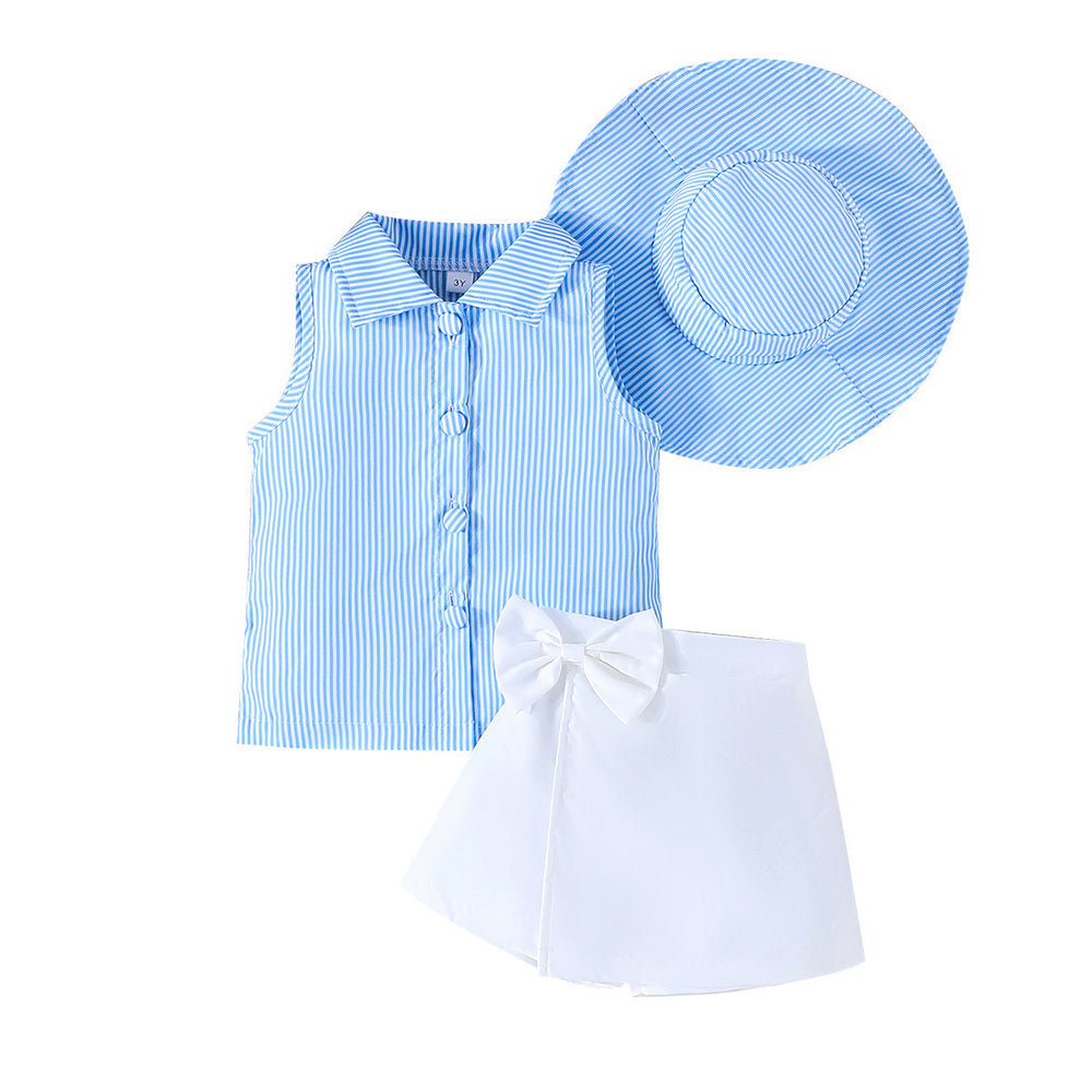 european and american hot-selling new girls' fashion striped top + skirt + hat three-piece set - cross-border hot item