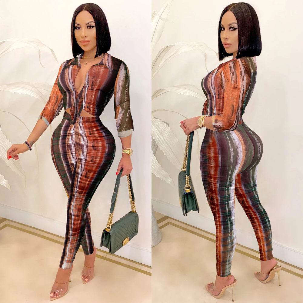 X5281 special offer: no returns or exchanges. please purchase with care. new fashion digital print v-neck long sleeve top and pants two-piece set for women