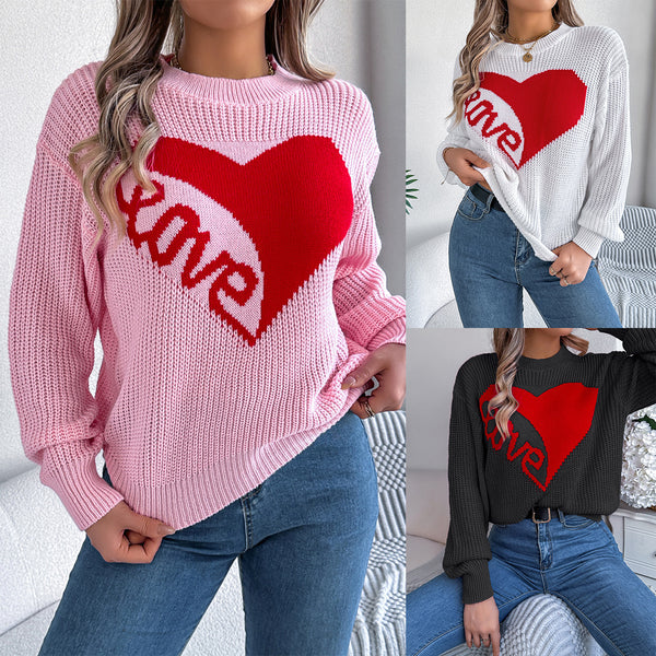 Real shot autumn and winter casual Valentine's Day contrasting color love LOVE long-sleeved pullover sweater,   women's clothing