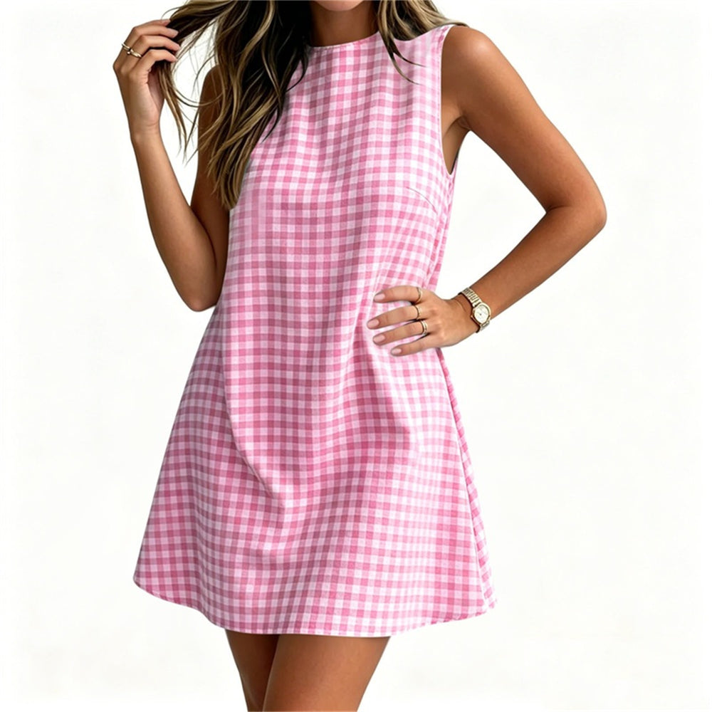 european and american cross-border  summer new women's plaid round neck sleeveless back zipper casual dress