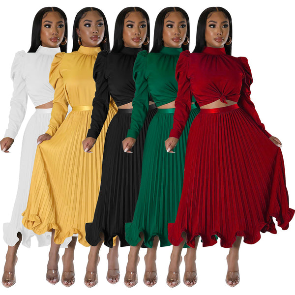 K10322 independent station autumn European and American  women's clothing bubble sleeve top ruffle edge pleated skirt two-piece set