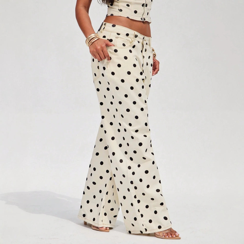 Women's off-white polka dot print high-waisted wide-leg denim pants - hot girl style casual trousers - new  collection