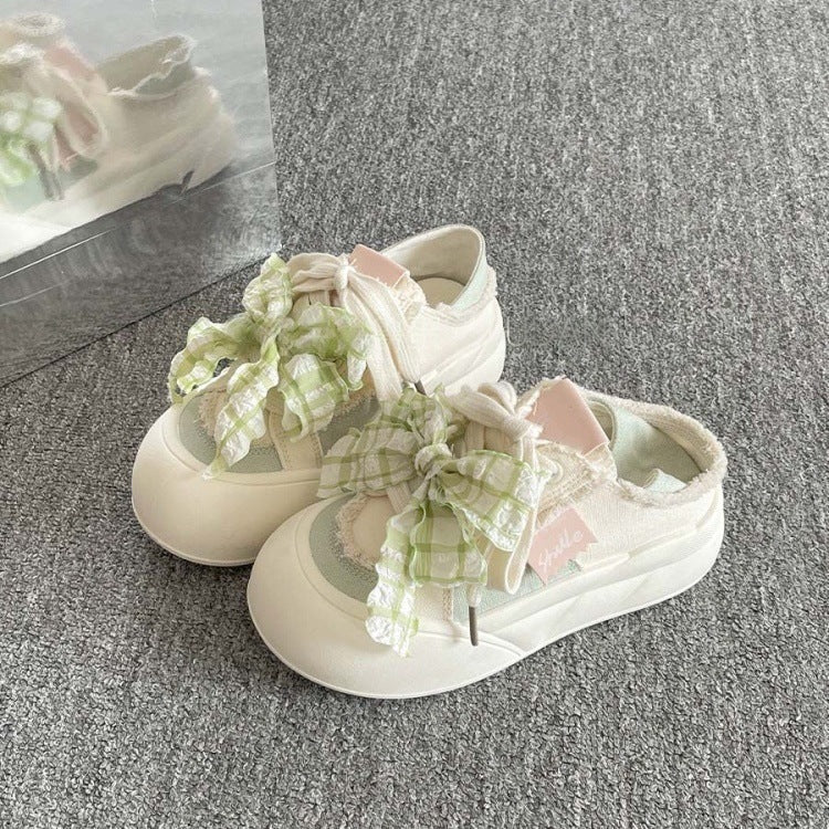 Cute bowknot chunky sole bread loafers - women's 2026 autumn lightweight ins style student versatile two-way trendy sneakers