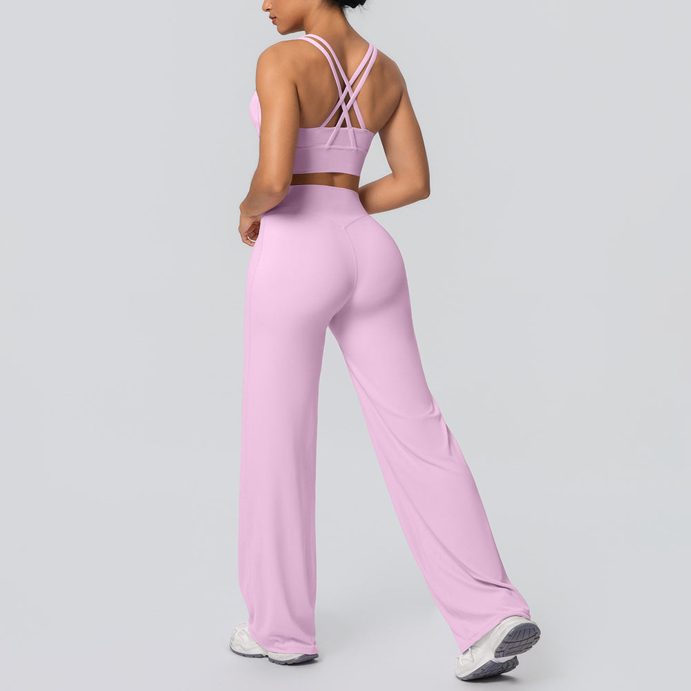 Sexy criss-cross back sports bra set with high-waisted straight-leg wide-leg yoga pants - quick-dry outerwear for running and fitness
