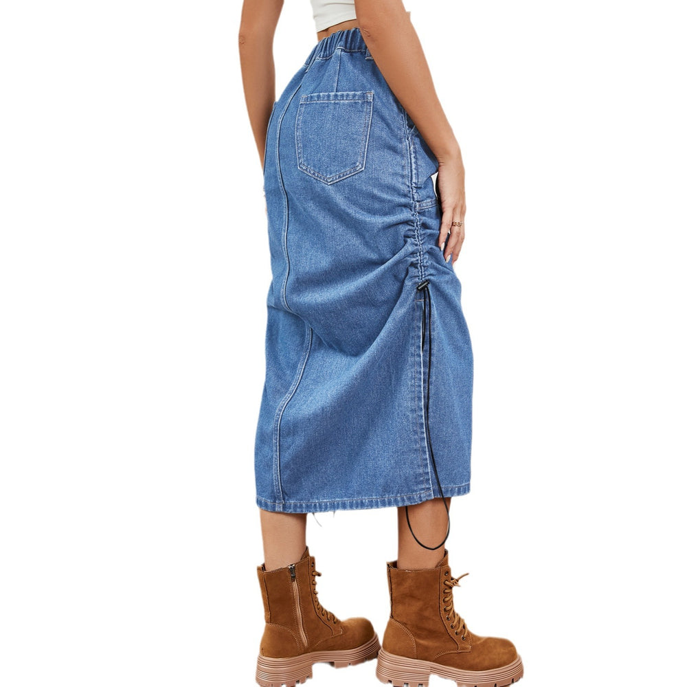 European and american cross-border trade women's summer new  independent station washed elastic waist drawstring denim midi skirt