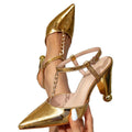 Women's gold heeled sandals - evening party irregular heel fashion pointed toe metal chain minimalist buckle high heels