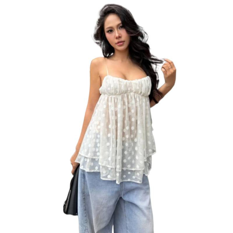 european and american women's clothing  summer new fashion trendy hot girl street style loose polka dot see-through camisole top