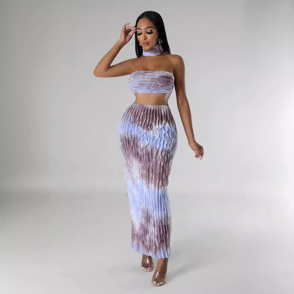 European and american cross-border fashion sexy women's clothing  summer new arrival: halter neck wrap, backless maxi dress three-piece set