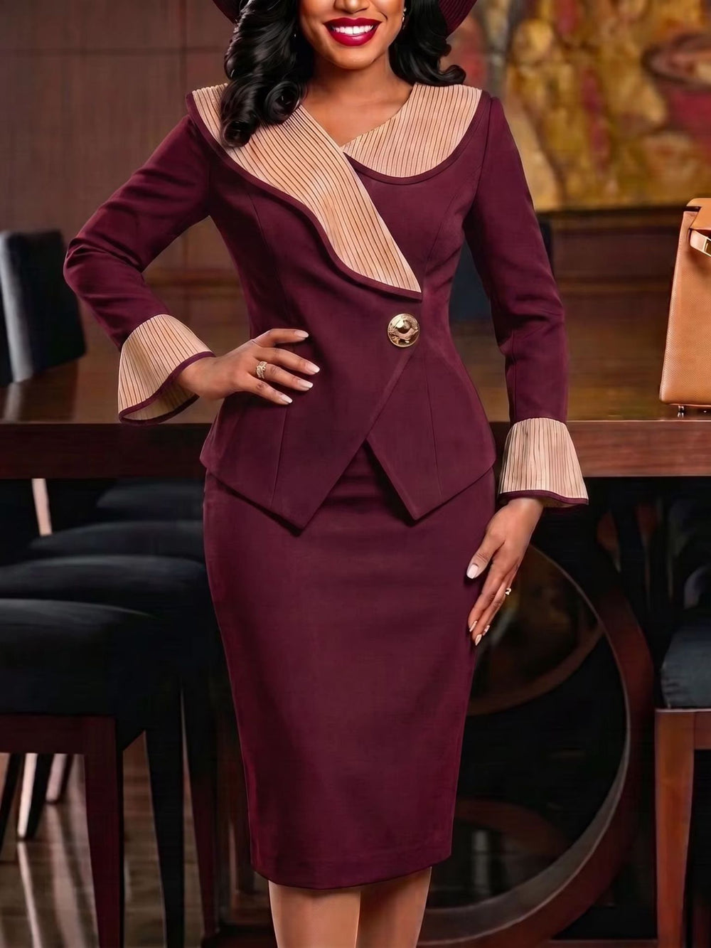 Autumn fashion elegant satin dress set - color block flared sleeve, graceful slim fit, church banquet women's two-piece outfit