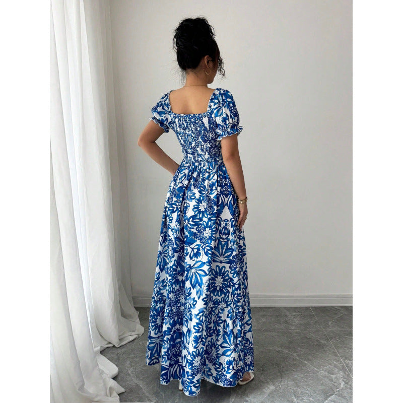 european and american cross-border foreign trade women's short-sleeved printed loosedress medium long skirt
