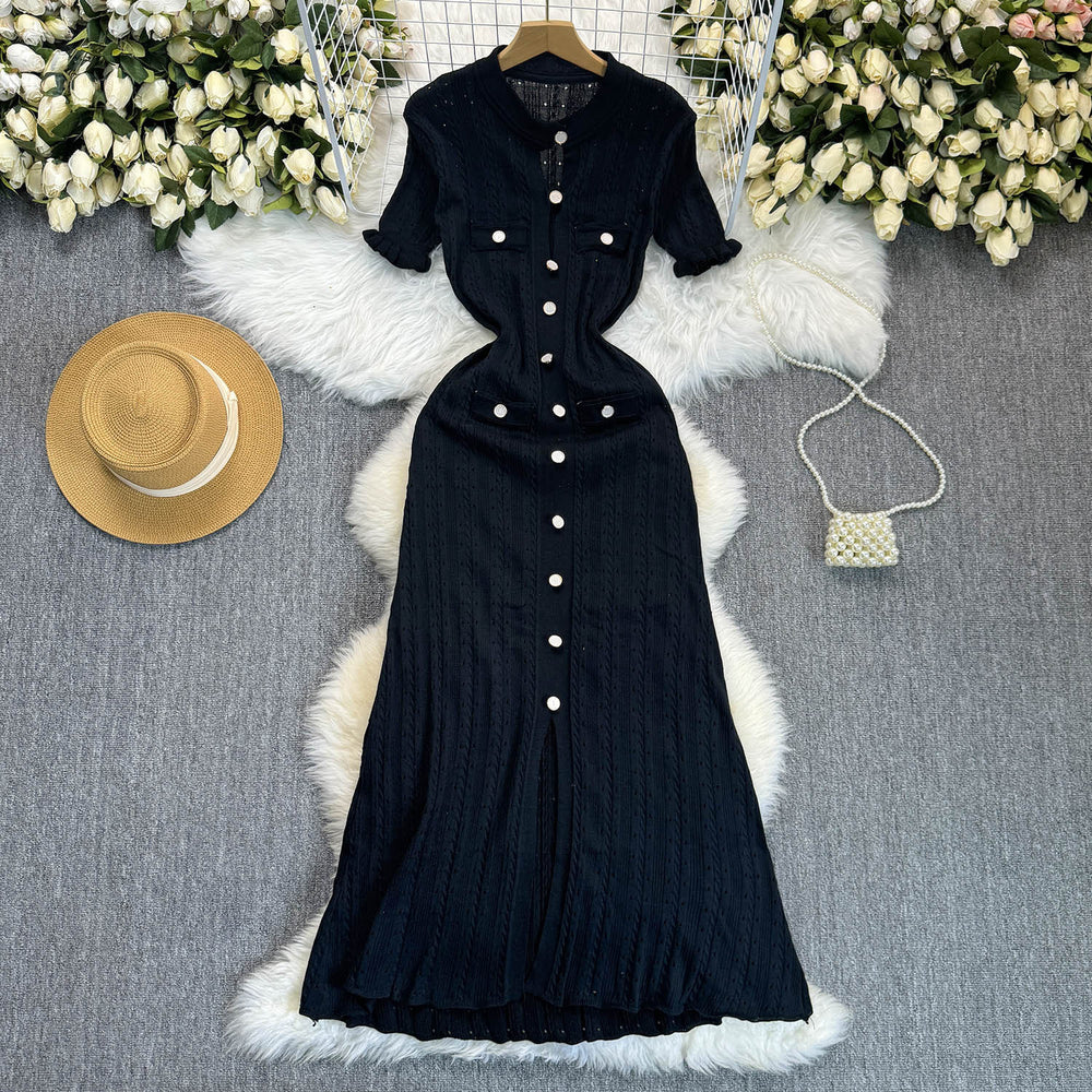 New arrival small fragrance classy sense cut out fungus lace sleeve button decoration silmslimming lookknittingdressfashion