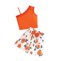 girls' one-shoulder cami set - orange top with lace collar and rose pattern, summer two-piece outfit for kids