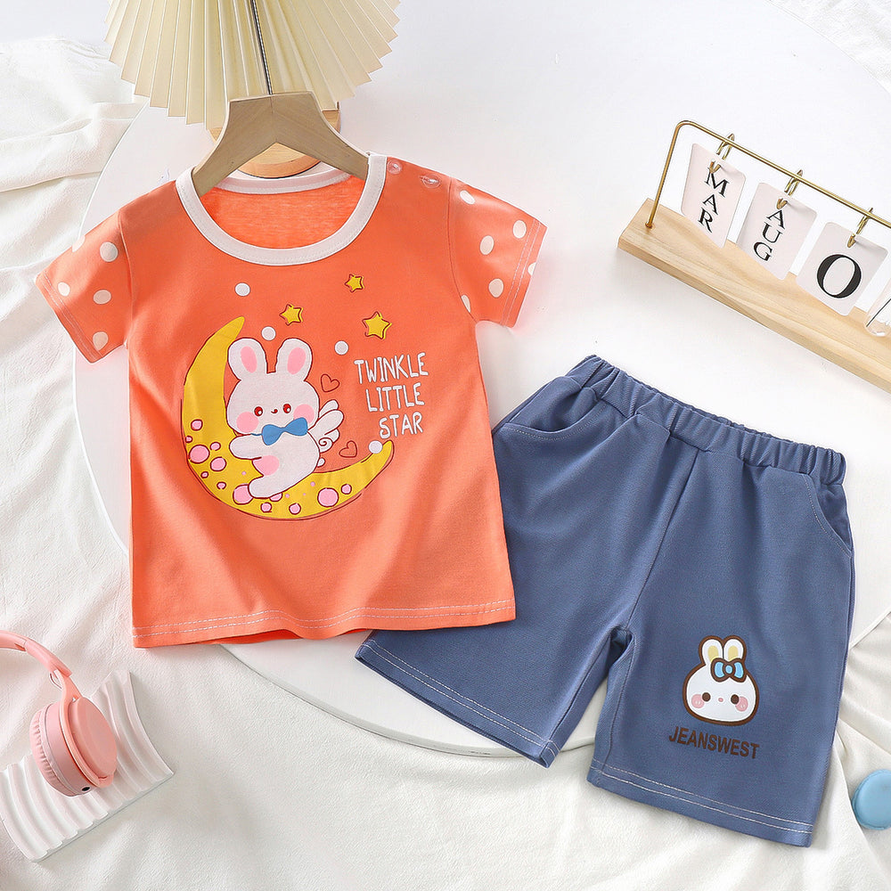 summer kids' short-sleeve set: toddler & children's pure cotton denim casual short-sleeve & shorts two-piece outfit - dropshipping available