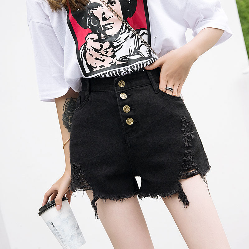 Wide-leg denim shorts for women, new summer korean style, fashionable ripped and frayed hem, washed high-waisted loose fit, chic shorts