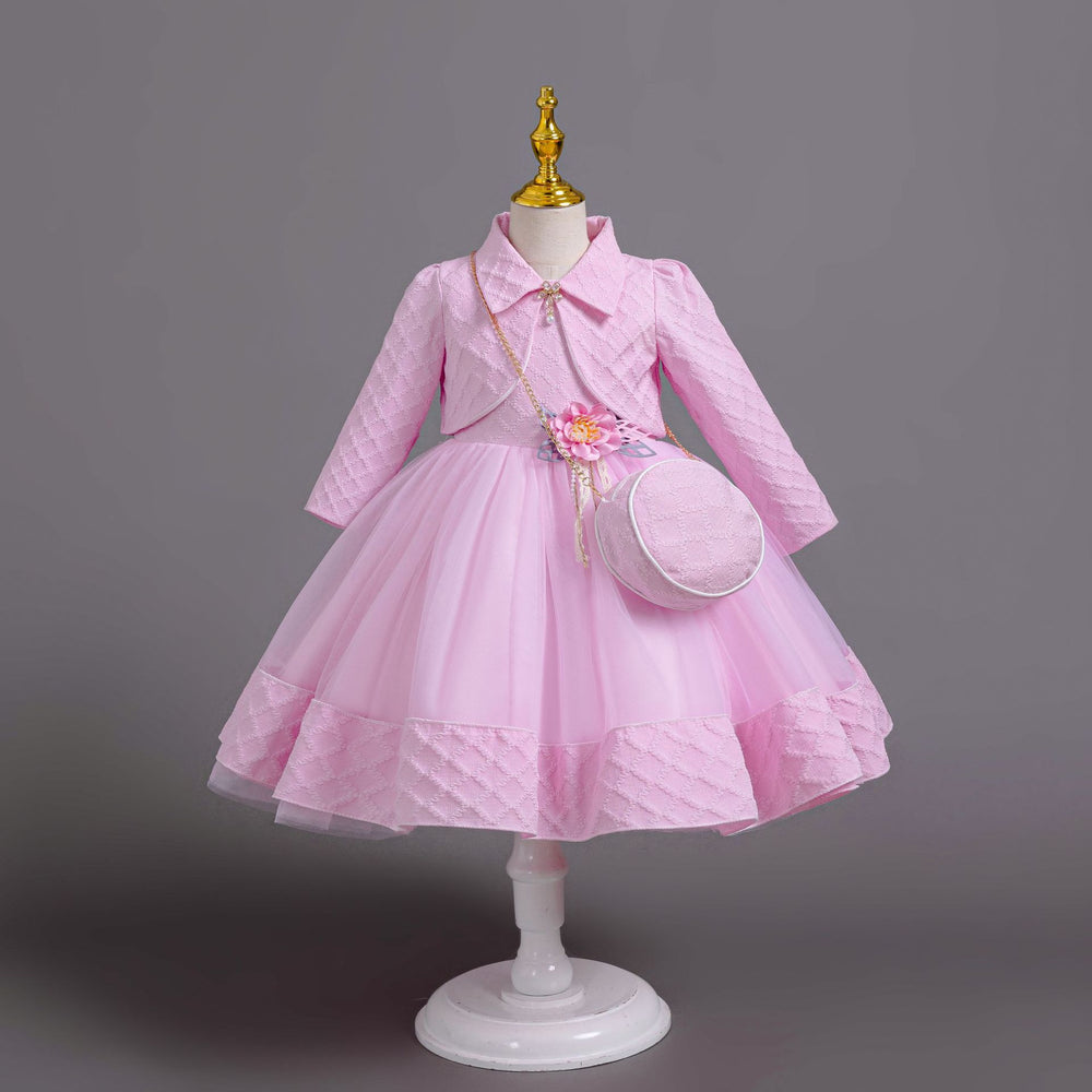 New in stock three-piece girls' dress set: long-sleeve wedding dress, piano recital dress, girl's dress
