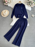Fashionsuitfemalek-stylelong sleeves lapel looseknitting shirt sweatertwo-piece setcasualhigh waiststraight-legloose pants