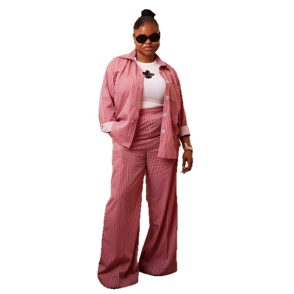 European and american cross-border women's fashion  spring new style chic striped long-sleeve shirt top and wide-leg pants casual set
