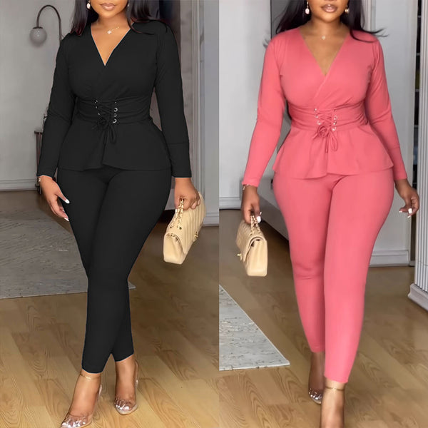 S10913 European and American solid color V-neck waist elastic long-sleeved pants set