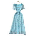 French chic high-end embellished square neck short sleeve lace dress - women's summer slim fit maxi dress