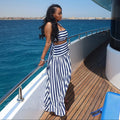 European and american style women's fall  sweet & fresh striped cami top and high-waisted slimming a-line midi skirt two-piece set