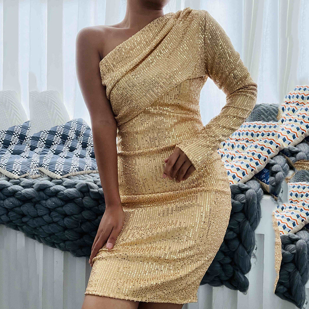 2025 summer new arrivals: european and american style one-shoulder dress - asymmetrical neck wrap chest evening gown - fashionable sequin sexy mini dress