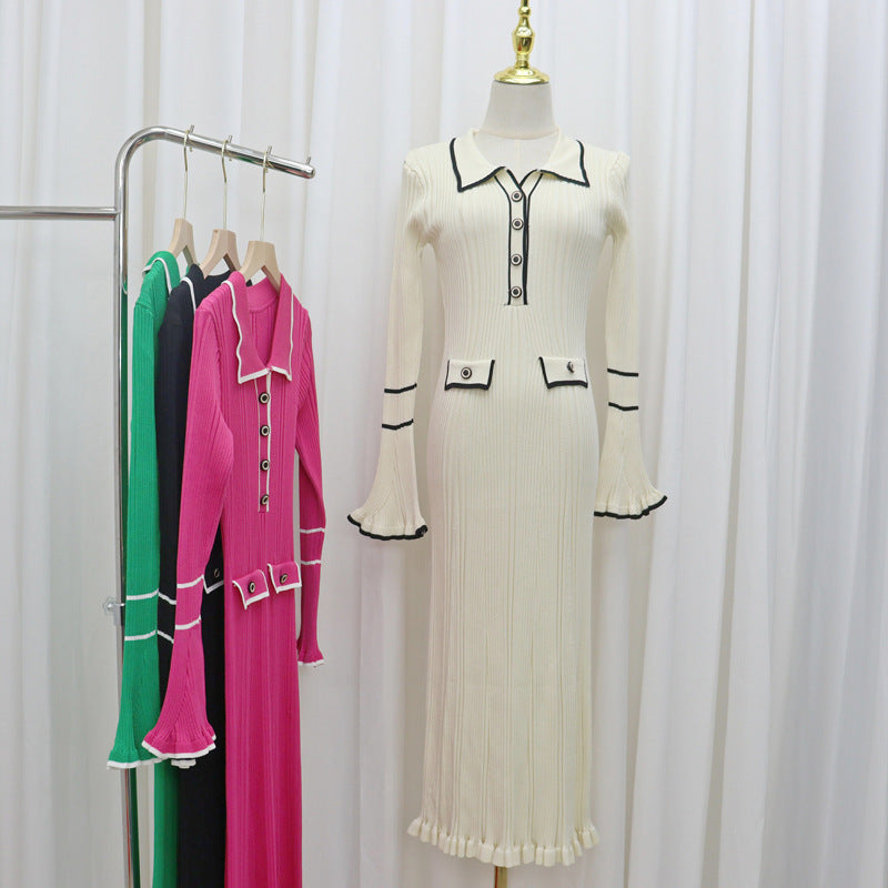 fashion style fall and winterfrench socialitelong sleevesdress lapel button fungus edge knitting skirtlong sleeves