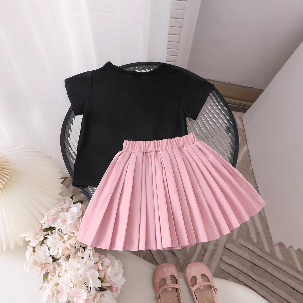 Amazon cross-border european and american girls' summer outfit: floral appliqué short-sleeve t-shirt and princess pleated skirt set