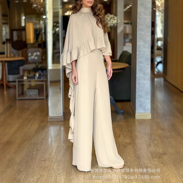 LZY1938A new round neck ruffle edge blouse top + wide-leg pants set