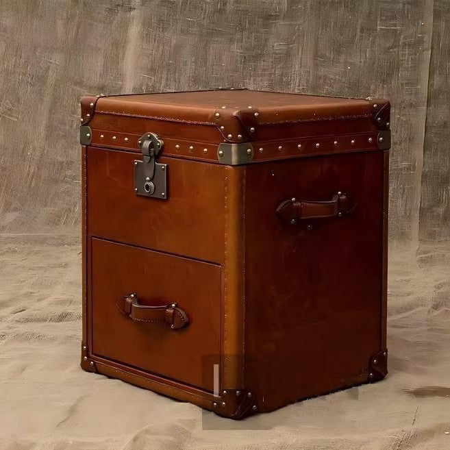 Second-hand style retro oil wax leather suitcase coffee table table old-fashioned creative genuine leather side table corner bedside table storage cabinet