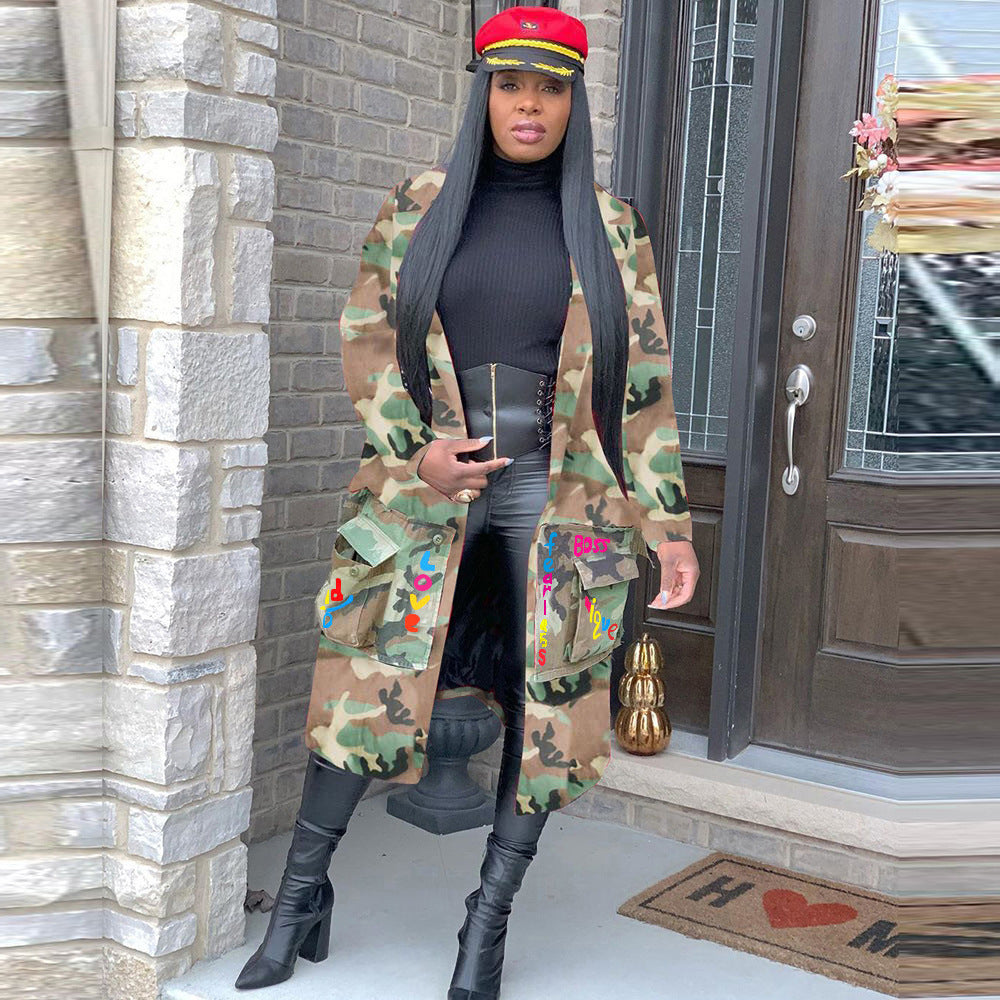 S390237 in stock wholesale women's mid-length casual fashion european and american camouflage print patchwork military overcoat