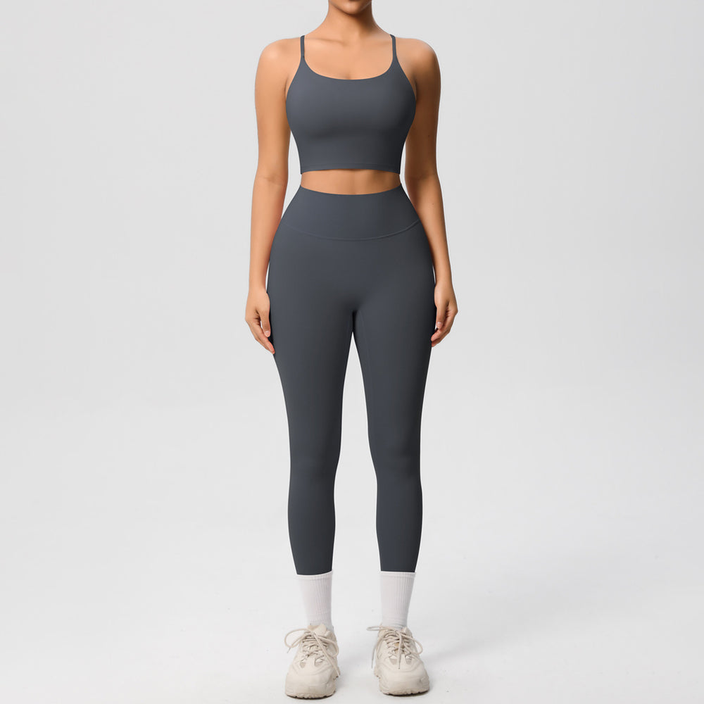 New arrival: double-sided brushed solid color seamless back compression yoga set - breathable workout outfit for running and fitness (two-piece)