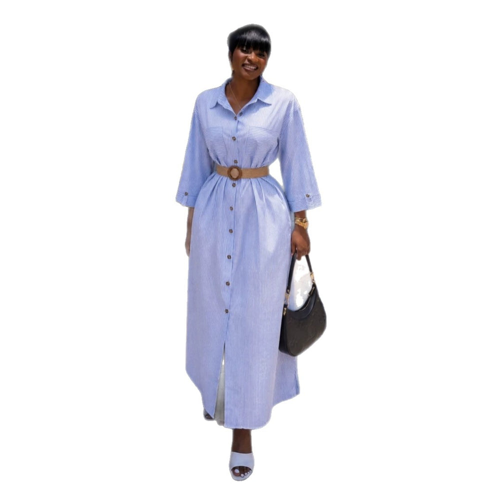 European and american cross-border women's fashion:  summer new arrival - stylish and chic striped turn-down collar pocket single-breasted shirt dress