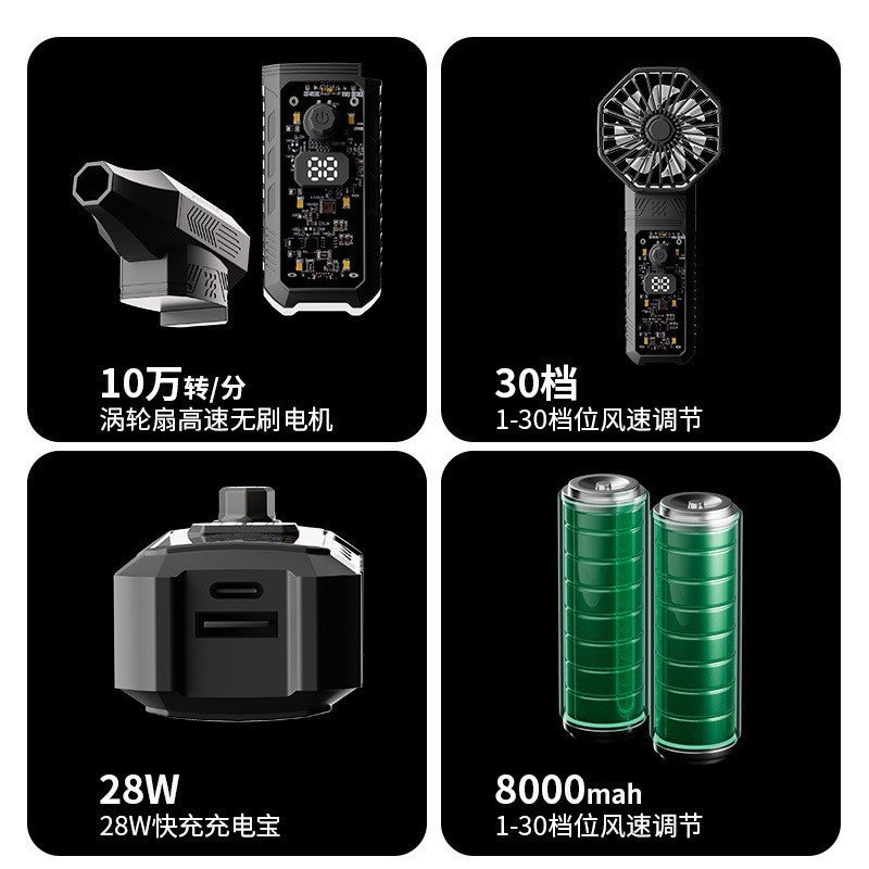 Cross-border Double Head Multifunctional Violent Turbine High Speed Fan Blowing Dust Belt Rechargeable Lighting Outdoor Travel Handheld Fan
