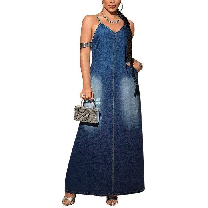Amazon  asia cross-border fashion new arrivalplus size women's clothing new arrival denim suspender longdress