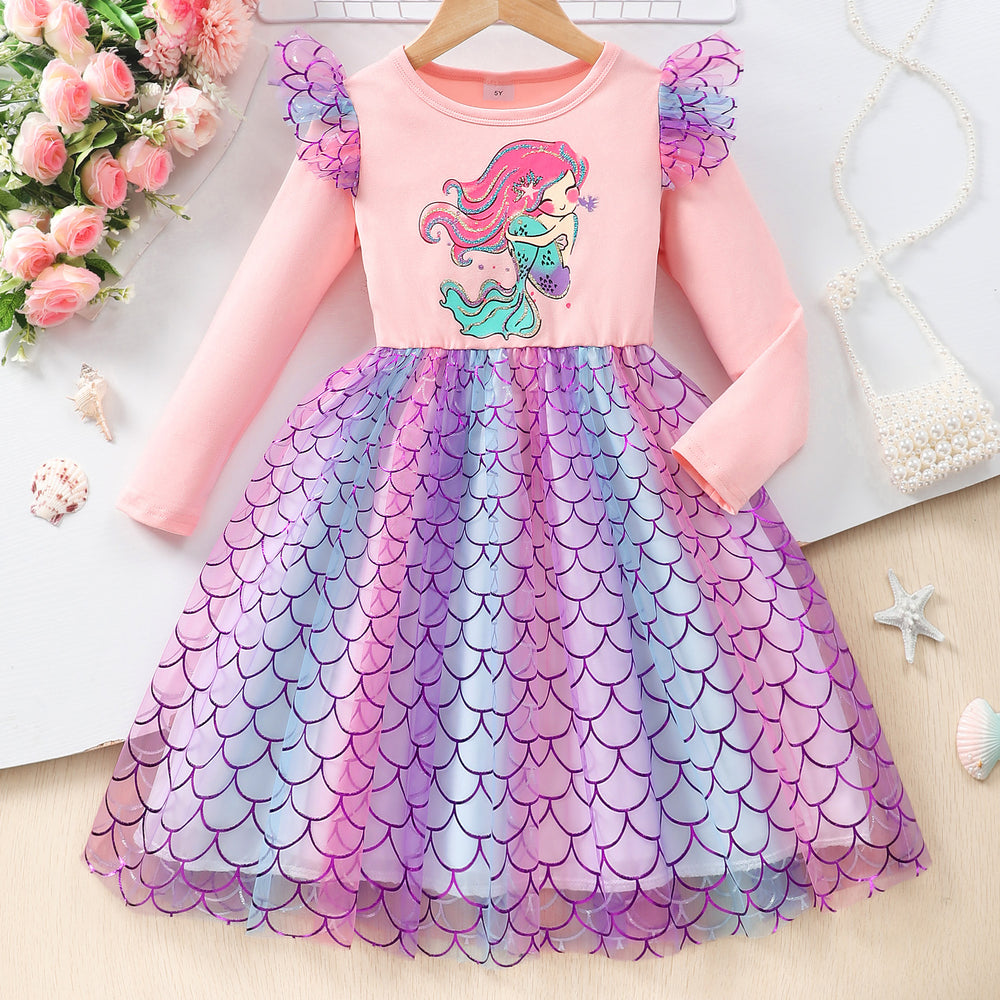 Children's long sleeves round neck mermaid fish scale mesh dress