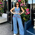 European and american cross-border e-commerce  summer new fashion casual sleeveless printed vest denim pants set wide-leg pants