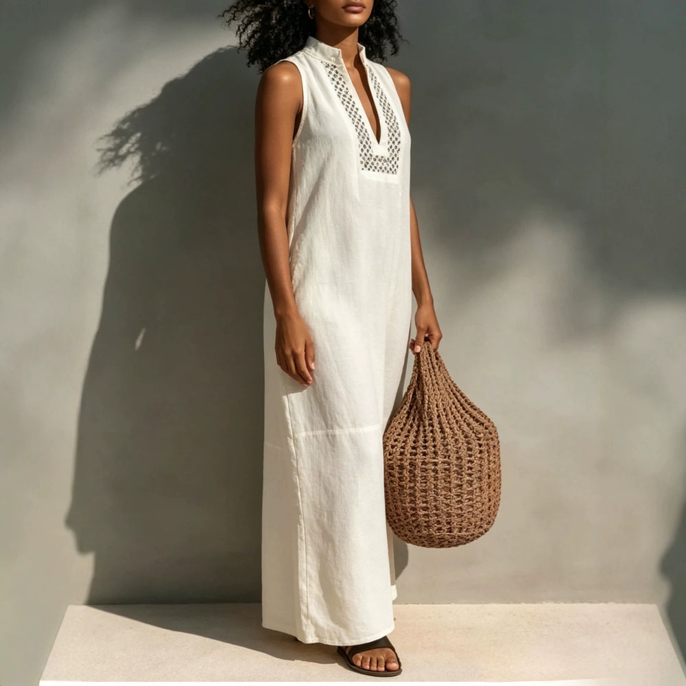 european and american cross-border independent station summer white sleeveless cut outv neck long dress vacation style loosedress