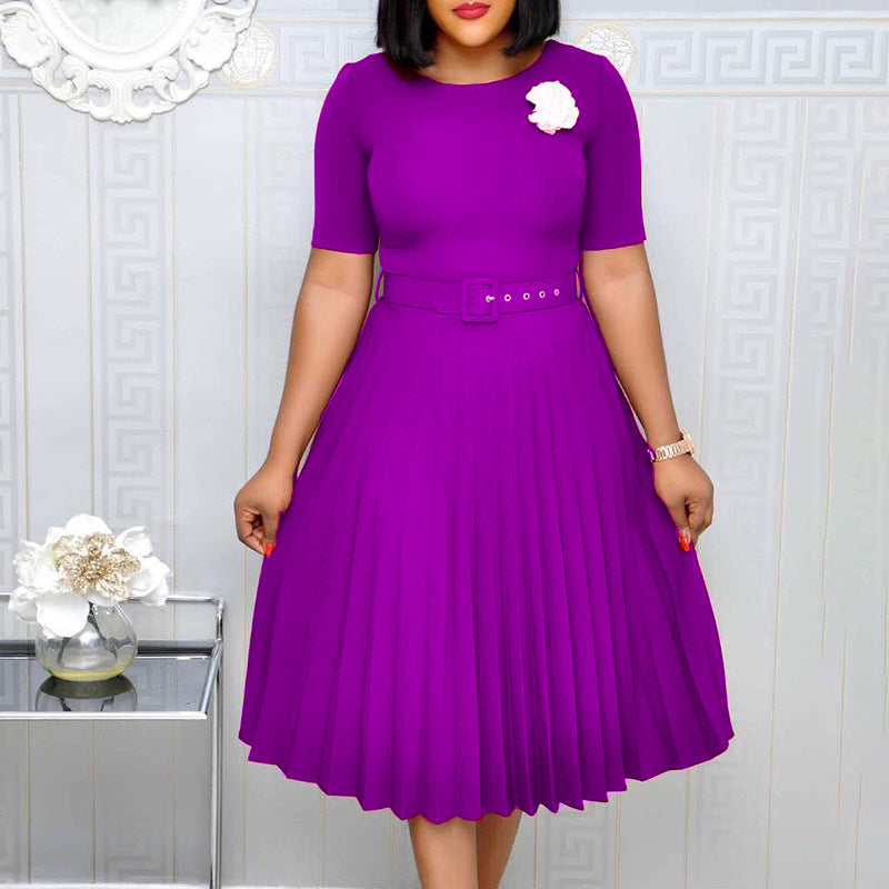 Belted european and american style new summer  round neck midi pleated skirt plus size african cross-border dress