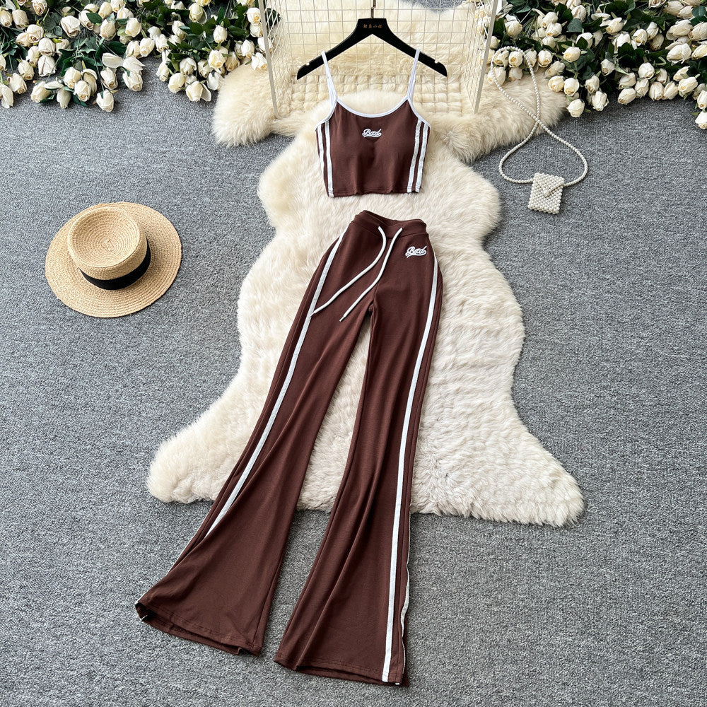 Spicy girl style red camisole two-piece set: double-stripe high-waisted flare pants - trendy summer outfit for women