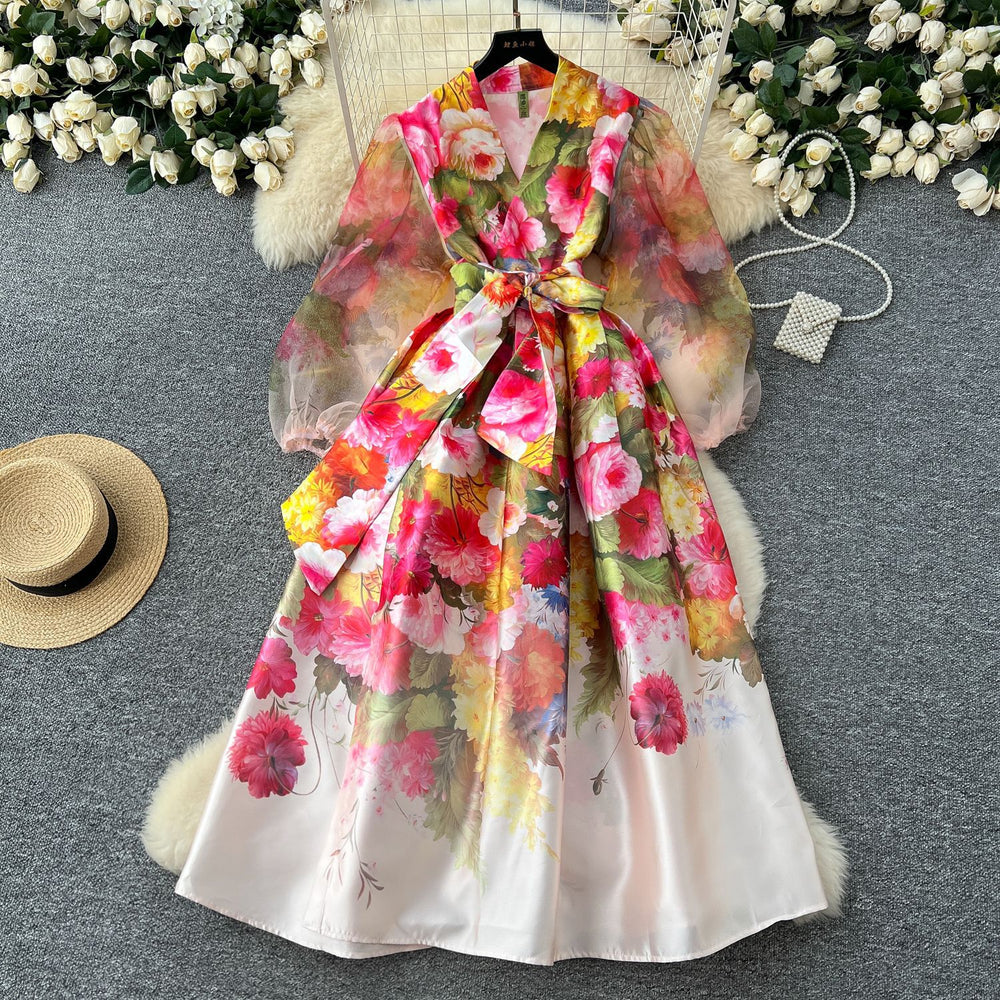 spring court style v-neck tie-waist mesh lantern sleeve printed slimming maxi dress