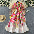 spring court style v-neck tie-waist mesh lantern sleeve printed slimming maxi dress