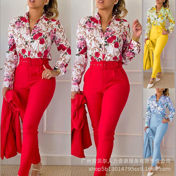(LZQ8222 series) European and American women's  red printed shirt + trousers set - with belt