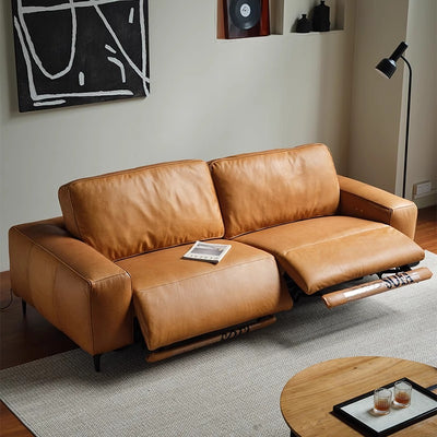 Foshan-made genuine leather electric recliner sofa, perfect for small apartments. this adjustable italian-style straight-row sofa is ideal for living rooms and home theaters