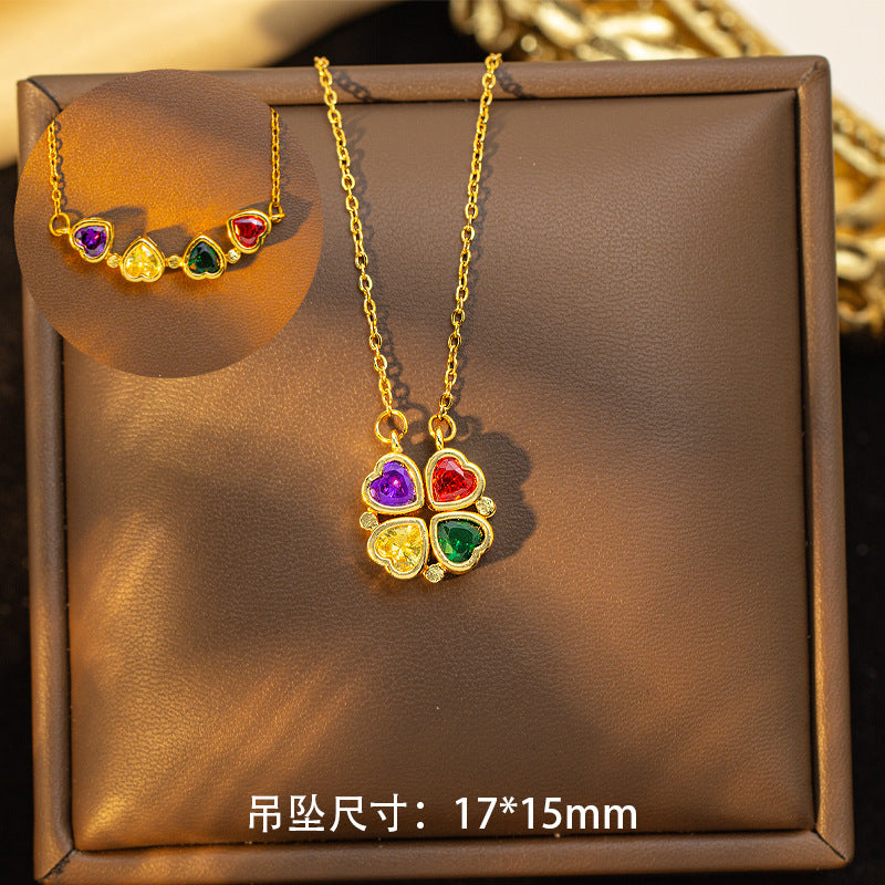 Copper inlaid with zirconium, a popular model with multiple diamonds, heart four-leaf clover necklace for women, niche stylefashionaccessible luxury clavicle chain jewelry