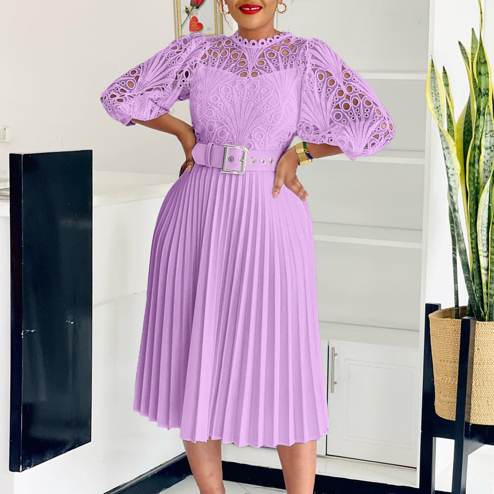 C8595 european and american export women's clothing  new arrival elegant solid color lace crochet hollow-out pleated cross-border dress