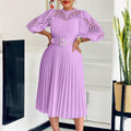C8595 european and american export women's clothing  new arrival elegant solid color lace crochet hollow-out pleated cross-border dress