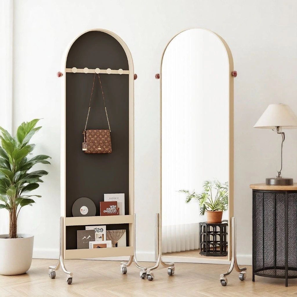 Full-length mirror, movable mirror, medieval style storage magazine rack, floor mirror, home storage bookshelf, rotating full-length mirror