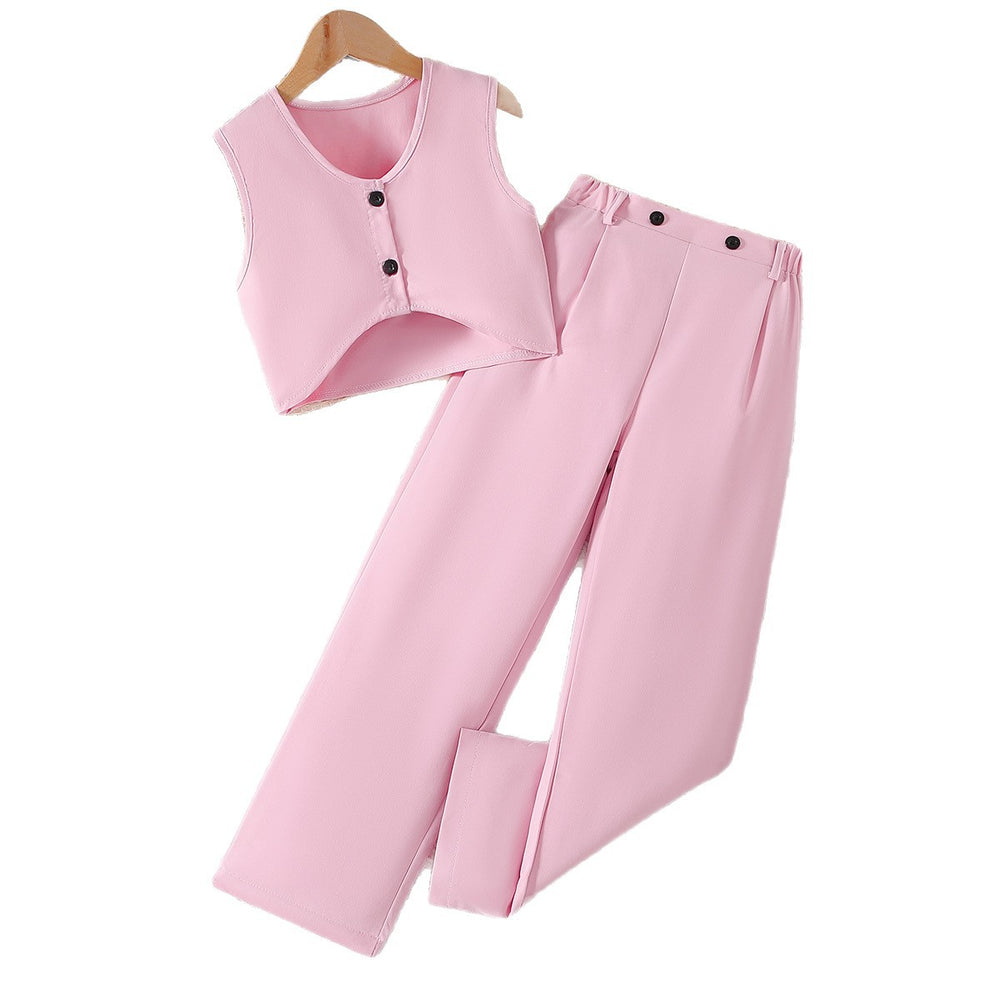girl pure colortwo-piece setshortvestloose pants4 colorscasual style kidssummercasual pantssuit