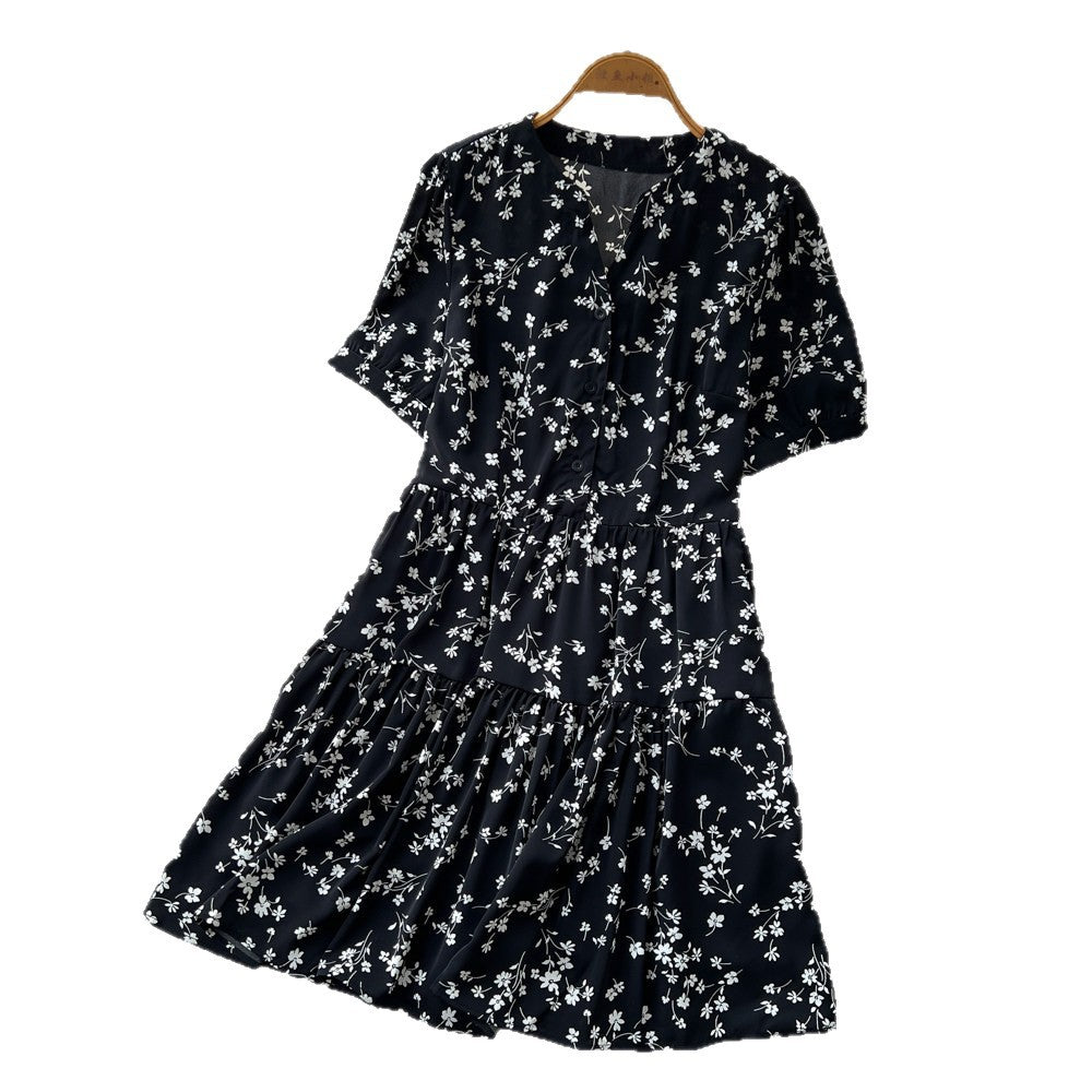 Vintage ink wash v-neck short sleeve a-line dress - women's summer korean style printed slimming design commute chic maxi dress